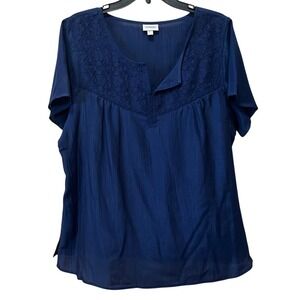 Avenue Navy Blue Crinkle Lace Yoke Split Neck Blouse Plus Size 18/20